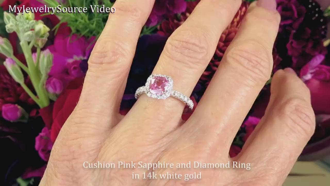 6mm Cushion Natural Pink Sapphire Engagement Ring in solid 14k White Gold (SSR-5921)