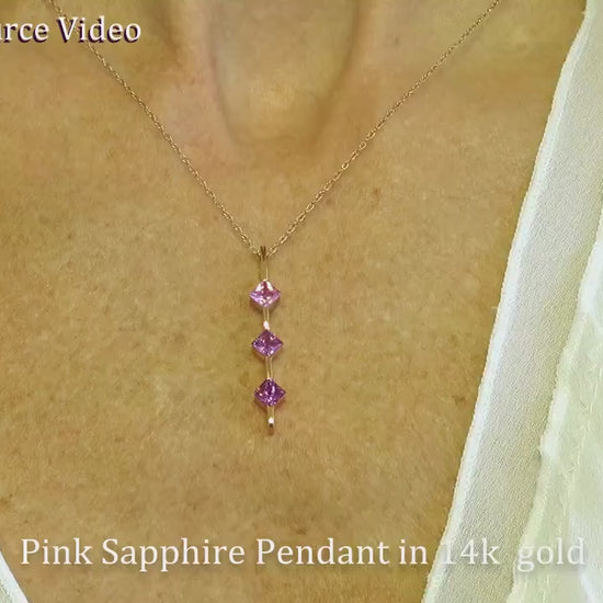 Natural Princess Cut Pink and Purple Sapphire Stick Line Pendant in solid 14k rose gold (SSP-5104)