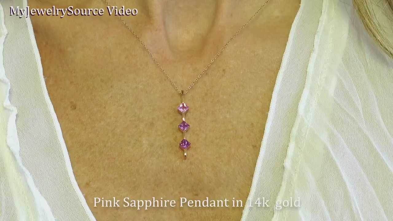 Natural Princess Cut Pink and Purple Sapphire Stick Line Pendant in solid 14k rose gold (SSP-5104)