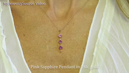 Natural Princess Cut Pink and Purple Sapphire Stick Line Pendant in solid 14k rose gold (SSP-5104)
