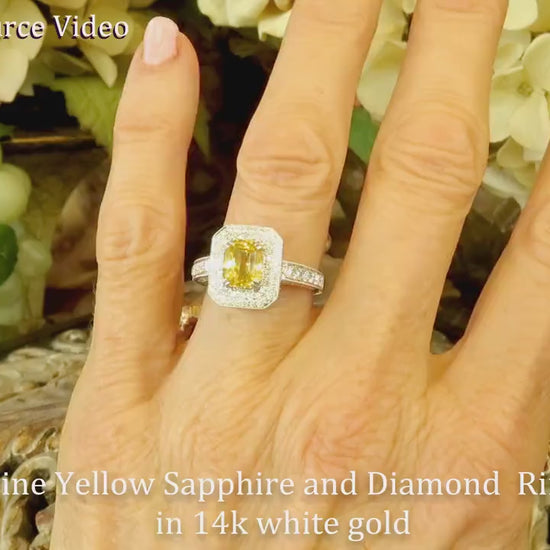 Radiant Cut Natural Yellow Sapphire Ring with Real Double Diamond Halo in 14k White Gold for sale (SSR-5550)