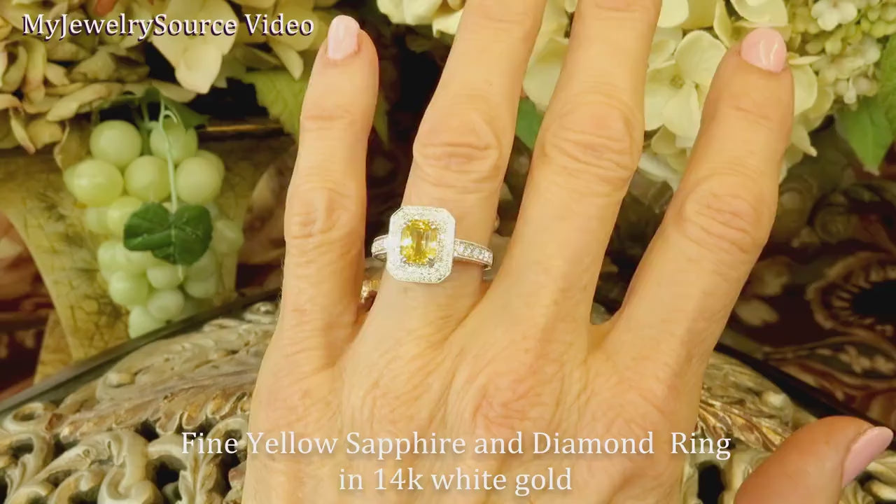 Radiant Cut Natural Yellow Sapphire Ring with Real Double Diamond Halo in 14k White Gold for sale (SSR-5550)