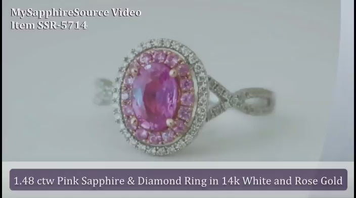 Natural Pink Sapphire Ring - Oval and Round Sapphire Double Halo in 14k white and rose gold (SSR-5714)