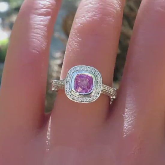 Platinum Bezel Set Natural Pink Sapphire Engagement Ring with a Diamond Halo (GR-5750)
