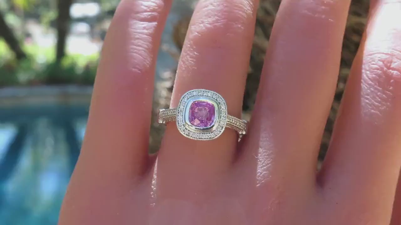 Platinum Bezel Set Natural Pink Sapphire Engagement Ring with a Diamond Halo (GR-5750)