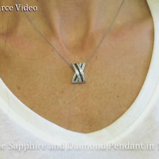 Natural Princess Cut Blue Sapphire and Real Diamond X Pendant Necklace in 14k white gold (GP-5017)