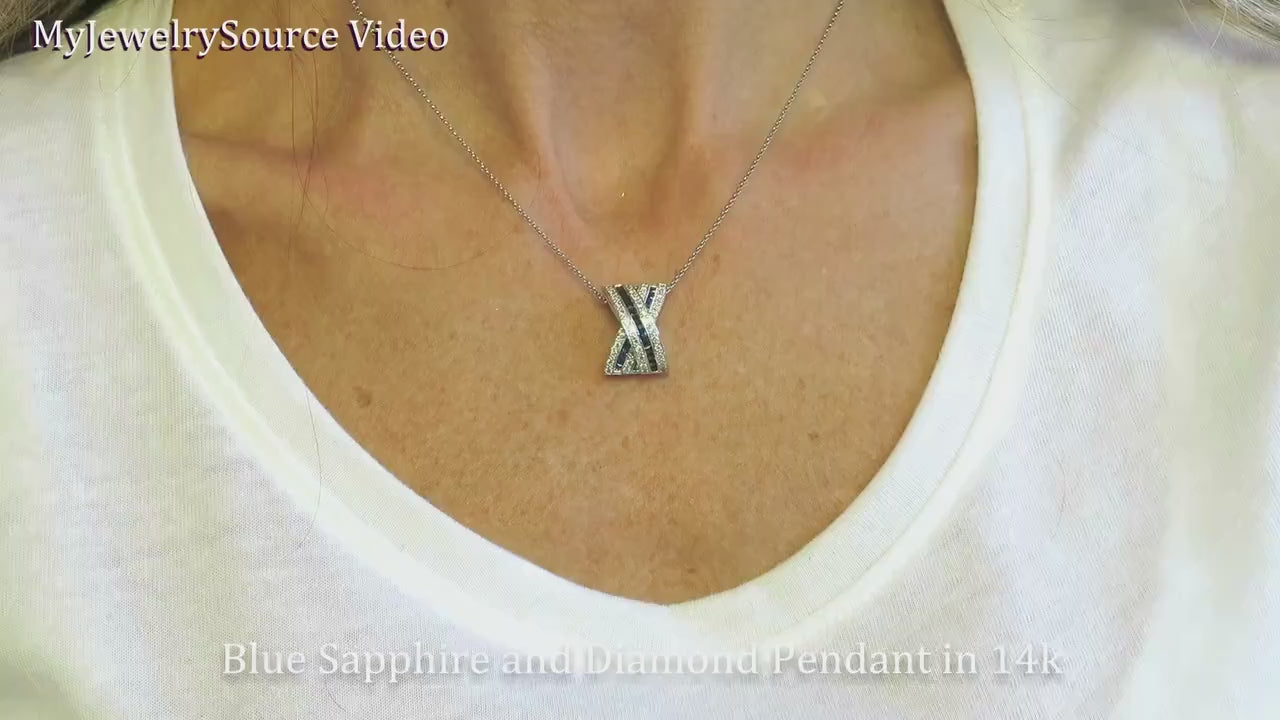 Natural Princess Cut Blue Sapphire and Real Diamond X Pendant Necklace in 14k white gold (GP-5017)