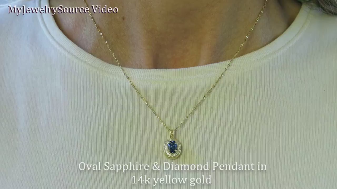 Natural Blue Sapphire Pendant with Diamond Halo in 14k yellow gold (SSP-5109)