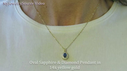 Natural Blue Sapphire Pendant with Diamond Halo in 14k yellow gold (SSP-5109)