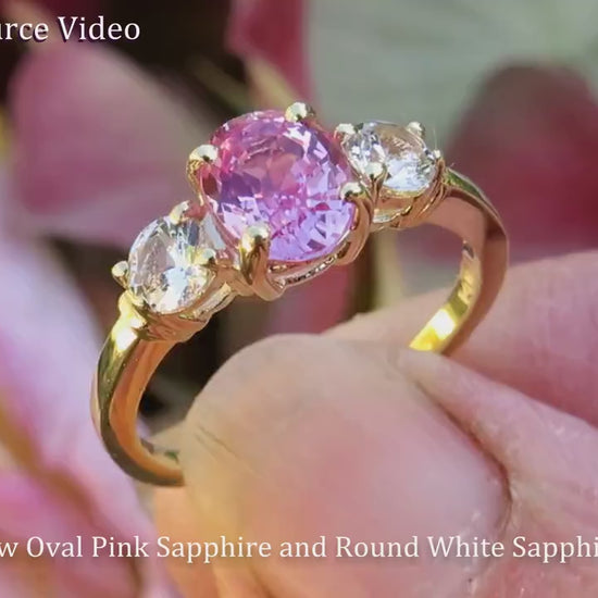 Natural Pink and White Sapphire Ring - Oval Pink Sapphire and Round White Sapphire Three Stone Ring - 14k yellow gold (SPR-125)