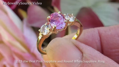 Natural Pink and White Sapphire Ring - Oval Pink Sapphire and Round White Sapphire Three Stone Ring - 14k yellow gold (SPR-125)