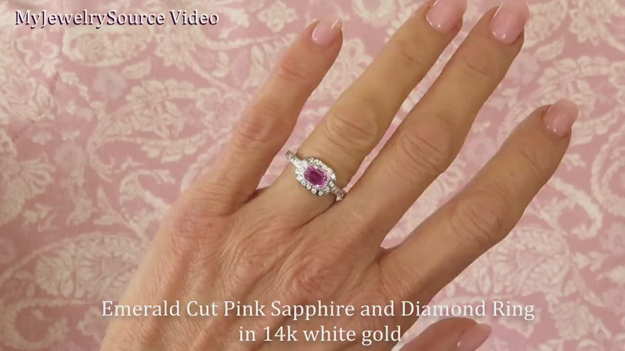 Bezel Set Natural Pink Sapphire and Diamond Halo Ring in 14k white gold (GR-5283)