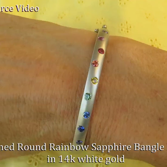 Natural Rainbow Sapphire Bangle Bracelet in 14k white gold with Burnished Sapphires and Satin Finished Gold (SSB-4048)