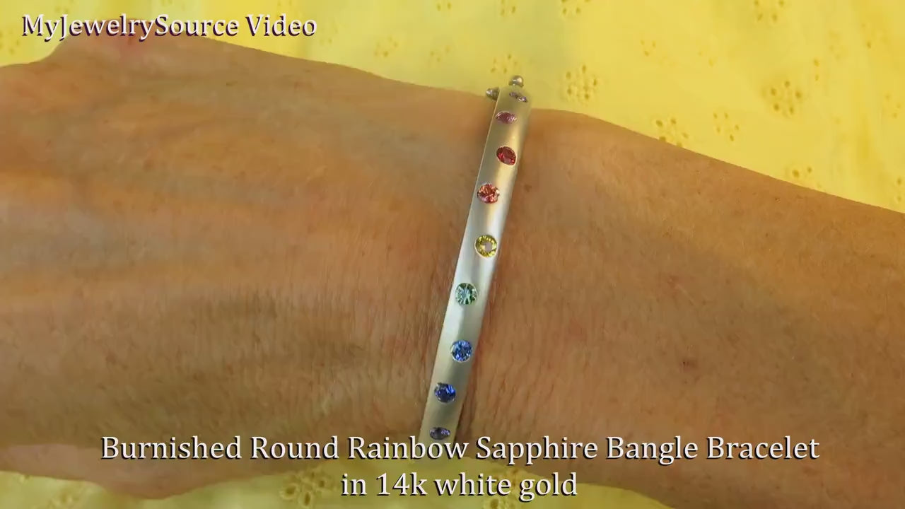 Natural Rainbow Sapphire Bangle Bracelet in 14k white gold with Burnished Sapphires and Satin Finished Gold (SSB-4048)