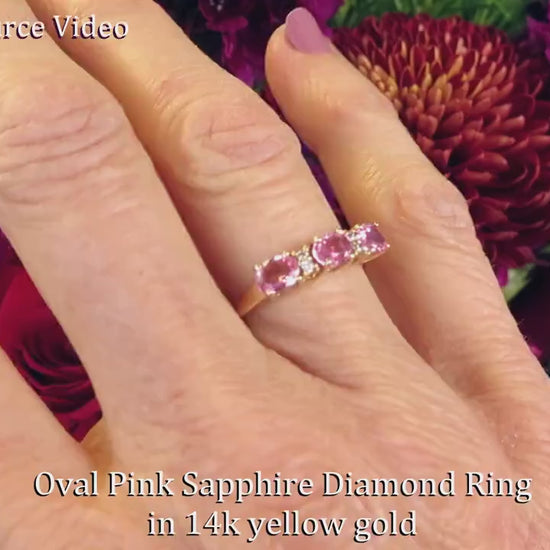 East West Set Oval Natural Pink Sapphire Ring with Diamond Accents set in solid 14k yellow gold (SSR-5245)