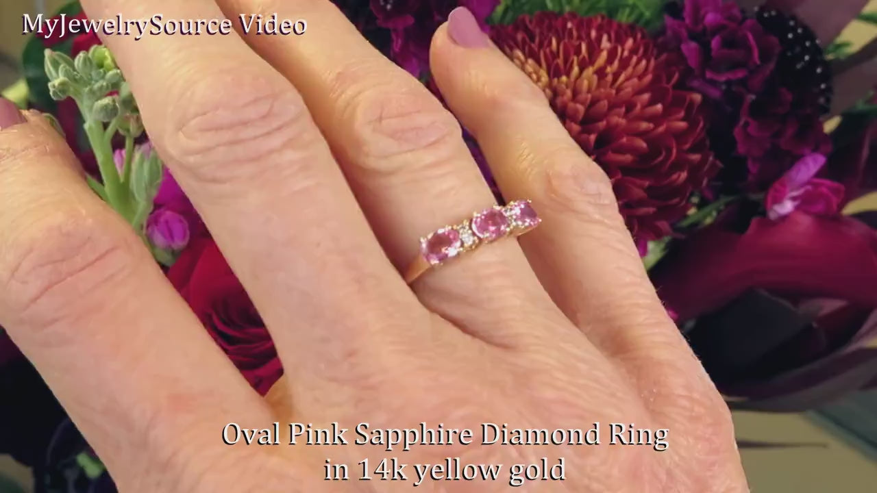 East West Set Oval Natural Pink Sapphire Ring with Diamond Accents set in solid 14k yellow gold (SSR-5245)