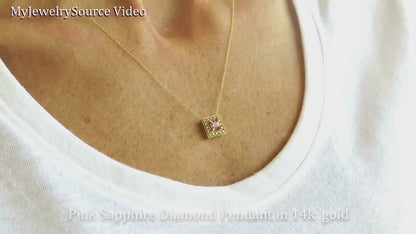 Natural Pink Sapphire and Diamond Pendant in 14k yellow gold (SSP-5097)