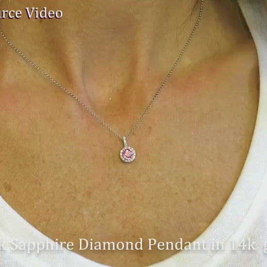 5mm Round Natural Pink Sapphire Pendant Neckalce with Diamonds in 14k white gold for sale (SSP-5096)