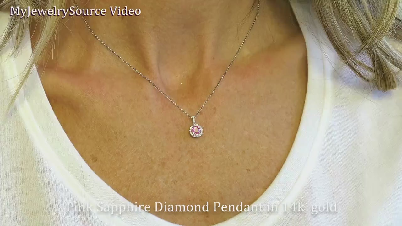 5mm Round Natural Pink Sapphire Pendant Neckalce with Diamonds in 14k white gold for sale (SSP-5096)