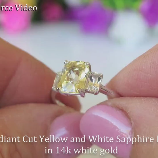 Radiant Cut Natural Yellow and White Sapphire Three Stone Engagement Ring in 14k white gold (SYR-121)