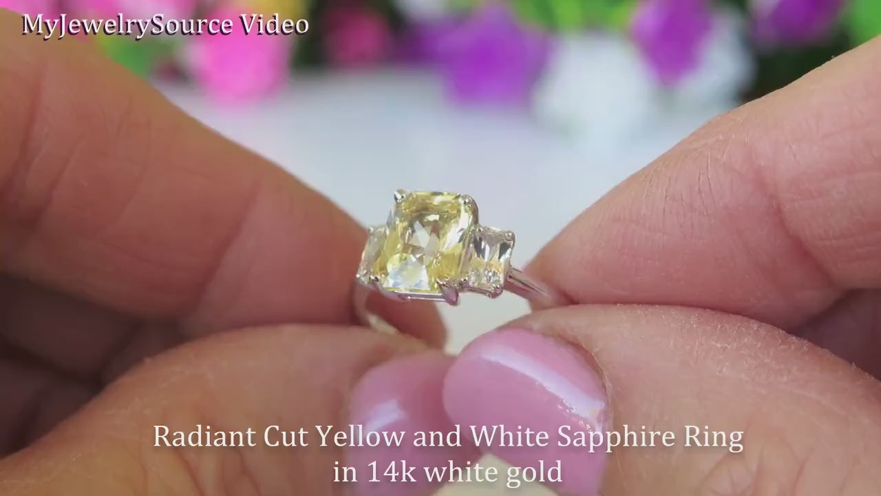 Radiant Cut Natural Yellow and White Sapphire Three Stone Engagement Ring in 14k white gold (SYR-121)