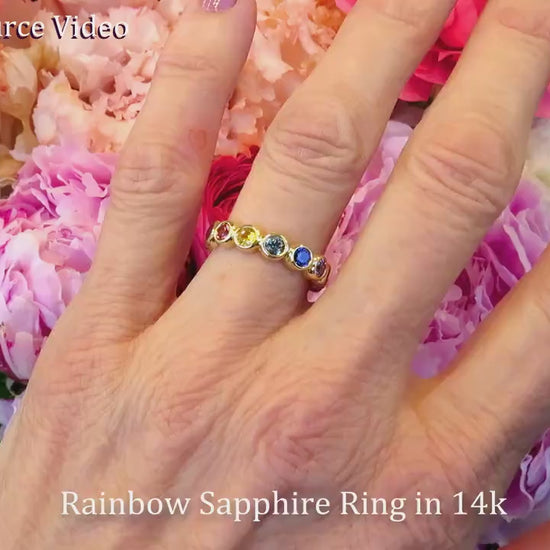 Bezel Set Round Natural Rainbow Sapphire Eternity Band Ring in real 14k gold (SSR-1281)