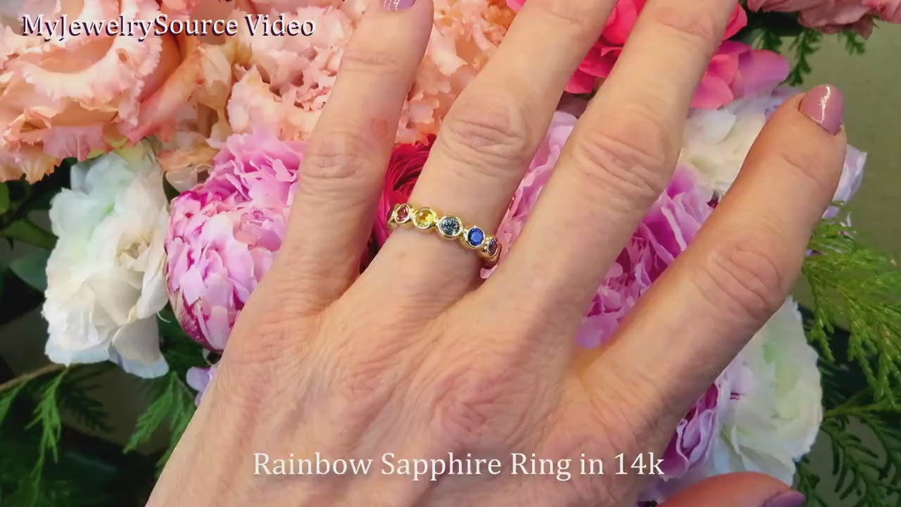 Bezel Set Round Natural Rainbow Sapphire Eternity Band Ring in real 14k gold (SSR-1281)