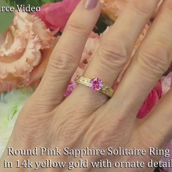 Round Natural Pink Sapphire Solitaire Engagement Ring with Carved Band in 14k yellow gold (SSR-5706)