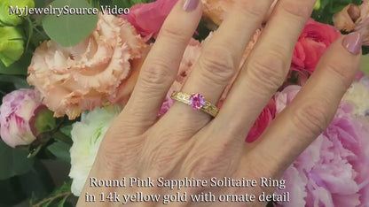 Round Natural Pink Sapphire Solitaire Engagement Ring with Carved Band in 14k yellow gold (SSR-5706)