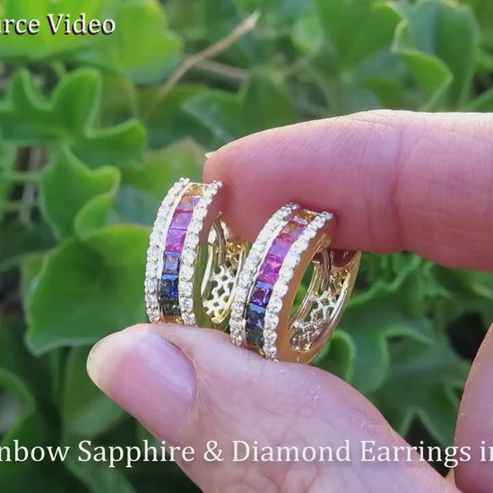 Princess Cut Natural Rainbow Sapphire and Diamond Earrings in solid 14k gold for sale (SSE-5040)