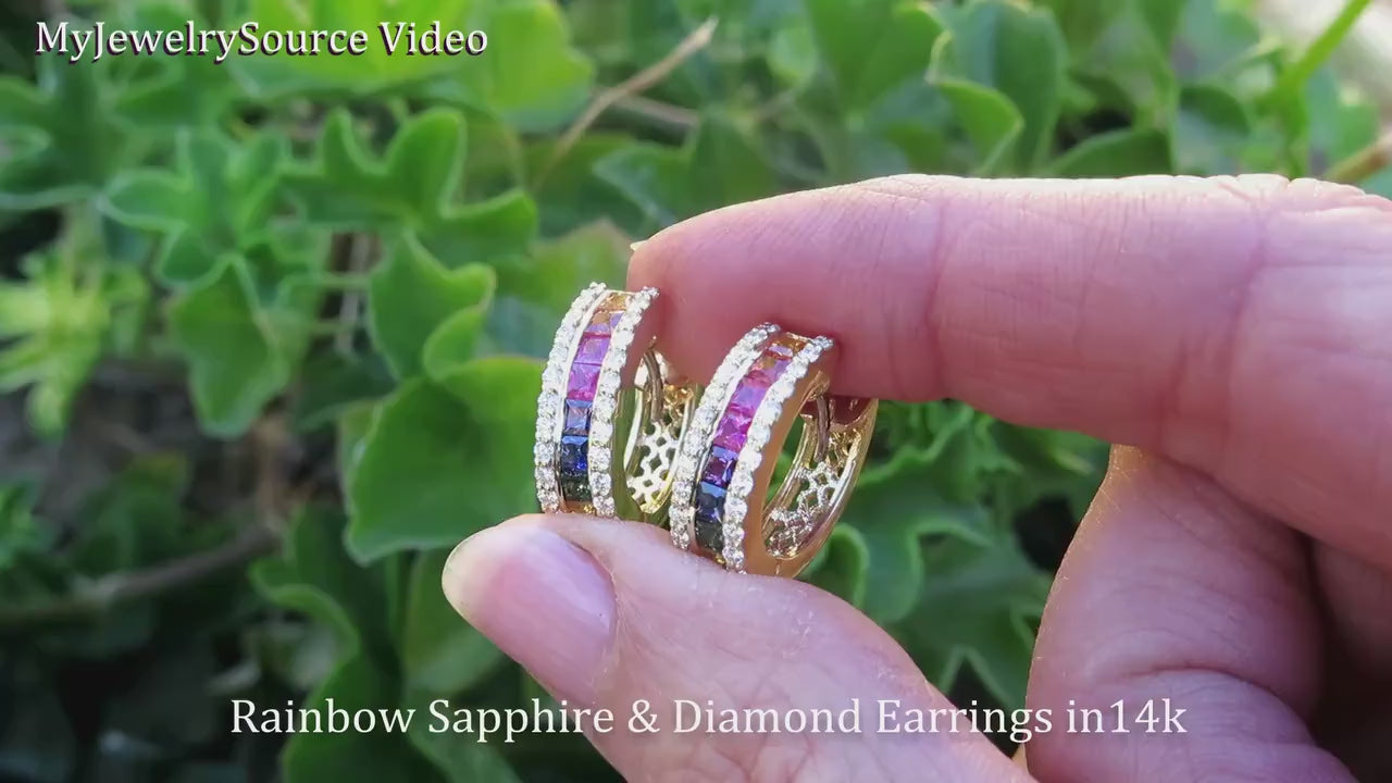 Princess Cut Natural Rainbow Sapphire and Diamond Earrings in solid 14k gold for sale (SSE-5040)
