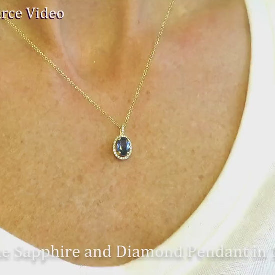 Oval Natural Blue Sapphire Pendant Necklace with a Diamond Halo in 14k yellow gold for sale (SSP-5103)
