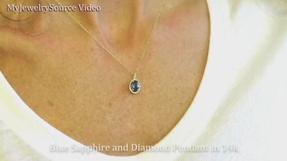 Oval Natural Blue Sapphire Pendant Necklace with a Diamond Halo in 14k yellow gold for sale (SSP-5103)