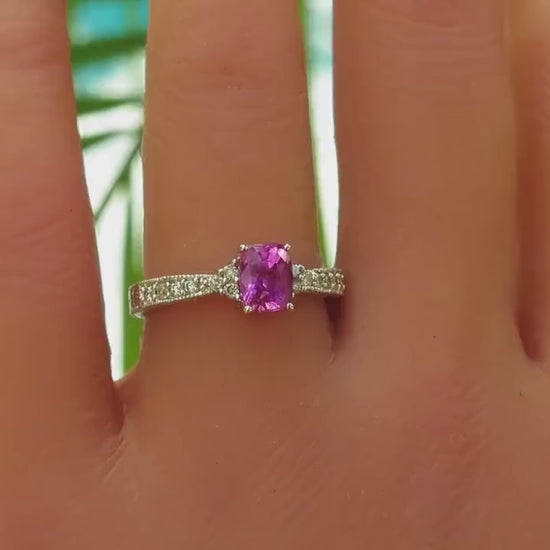 Hot Pink Sapphire Engagement Ring with Vintage Sytle Engraving and Milgrain set in solid 14k white gold (SSR-5945)