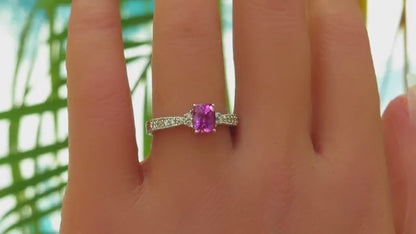 Hot Pink Sapphire Engagement Ring with Vintage Sytle Engraving and Milgrain set in solid 14k white gold (SSR-5945)
