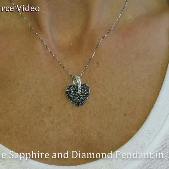 Natural Pave Set Blue Sapphire and Diamond Heart Pendant in 14k white gold for sale (SSP-5019)