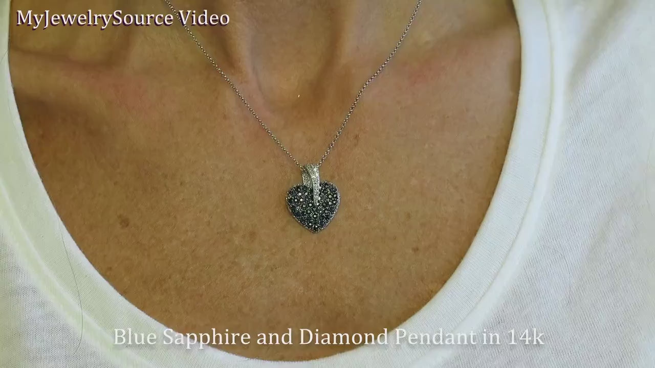 Natural Pave Set Blue Sapphire and Diamond Heart Pendant in 14k white gold for sale (SSP-5019)