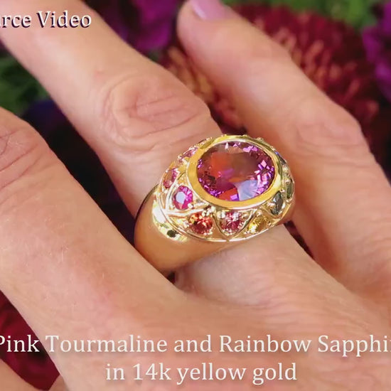Pink Tourmaline and Natural Rainbow Sapphire Ring in 14k yellow gold (SSR-9135)