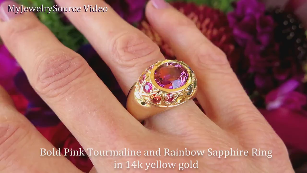 Pink Tourmaline and Natural Rainbow Sapphire Ring in 14k yellow gold (SSR-9135)