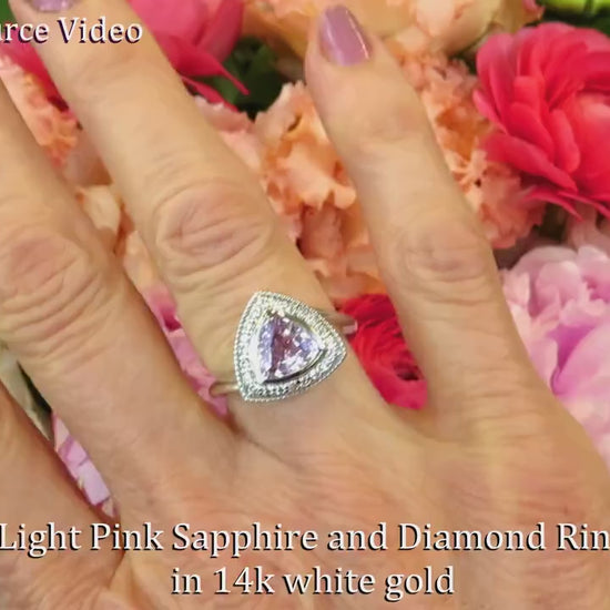 Trillion Natural Pink Sapphire Bezel Set Ring with Diamond Halo in 14k White Gold (SSR-5300)