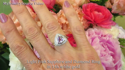 Trillion Natural Pink Sapphire Bezel Set Ring with Diamond Halo in 14k White Gold (SSR-5300)