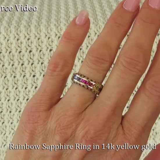 >Rainbow Sapphire Band in 14k yellow gold -Princess Cut Channel Set (SSR-5230)