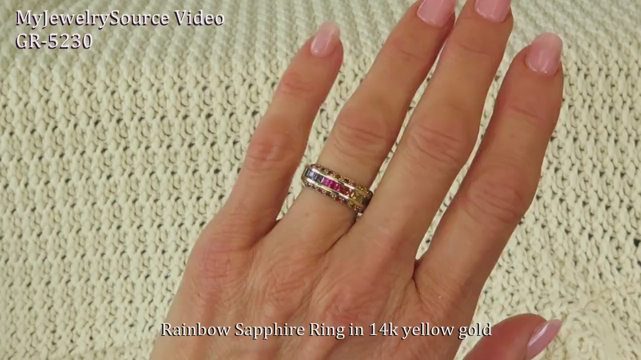 >Rainbow Sapphire Band in 14k yellow gold -Princess Cut Channel Set (SSR-5230)