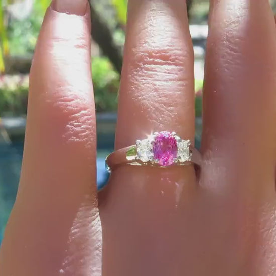 Traditional Oval Natural Pink Sapphire and Oval Diamond Three Stone Engagment Ring in 14k white gold (SPR-104)