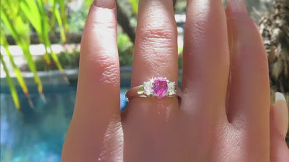 Traditional Oval Natural Pink Sapphire and Oval Diamond Three Stone Engagment Ring in 14k white gold (SPR-104)