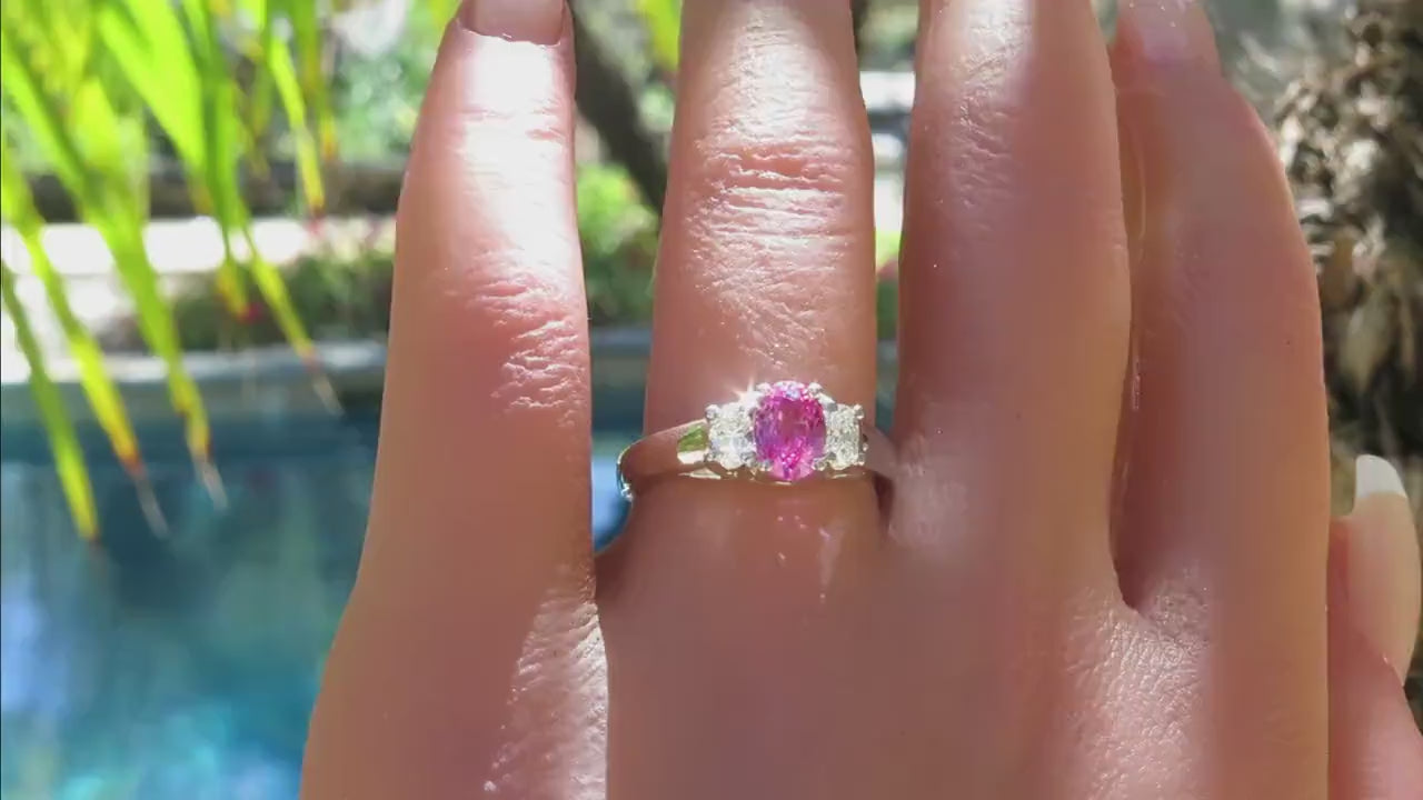 Traditional Oval Natural Pink Sapphire and Oval Diamond Three Stone Engagment Ring in 14k white gold (SPR-104)