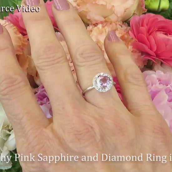 Natural Peachy Pink Sapphire Ring with Diamond Halo in Solid 14k white gold (GR-5971)