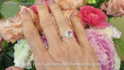 Natural Peachy Pink Sapphire Ring with Diamond Halo in Solid 14k white gold (GR-5971)