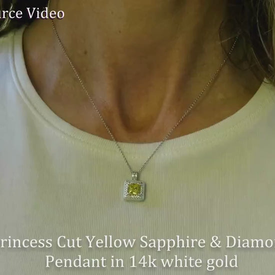 Princess Cut Natural Yellow Sapphire and Diamond Halo Pendant Necklace in 14k white gold (SSP-5110)
