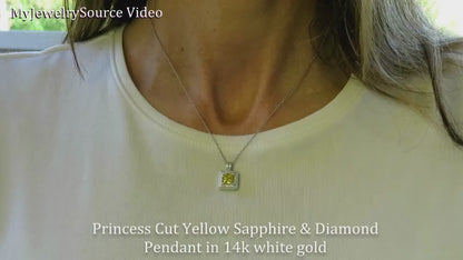 Princess Cut Natural Yellow Sapphire and Diamond Halo Pendant Necklace in 14k white gold (SSP-5110)